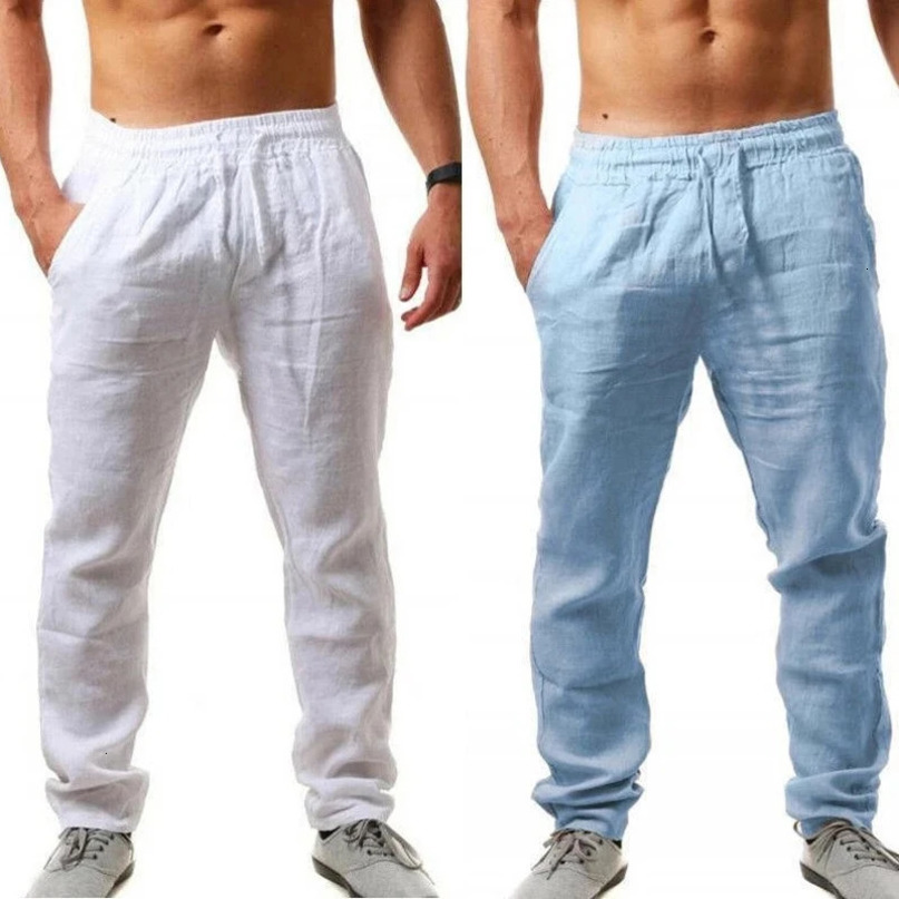 Men Cotton Linen Pants Summer Solid Color Elastic Waist Loose Breathable Long Trousers Male Casual Streetwear Gym 240411