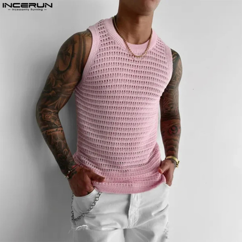 INCERUN Tops American Style Men Casual Oneck Breathable Mesh Tank Stylish Male Solid Allmatch Sleeveless Vests S5XL 240415