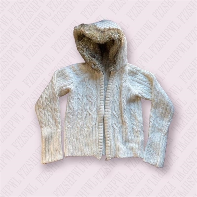 Vintage faux fur necklace Harajuku punk Y2k knit zipper sweater fashionable hip-hop knit loose gothic long sleeved streetwear 241125
