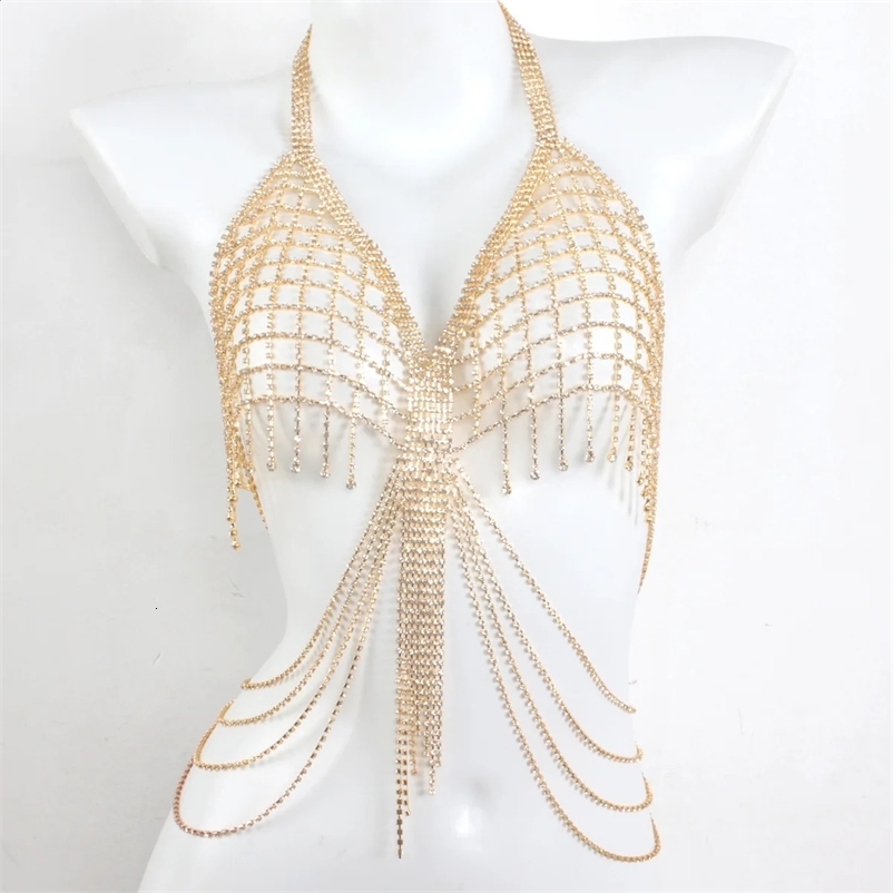 Sexy neck hanging long tassel mesh rhinestone chest chain nightclub womens body chain jewelry241121bj