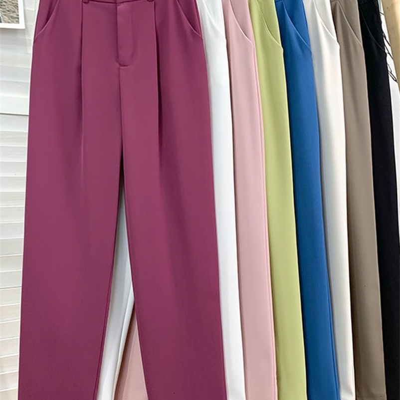 Women's Pants Capris JMPRS Casual Women Ankle-Length Pants Elastic High Waist Spring Straight Trousers Korean Fashion Solid Color Button Pants