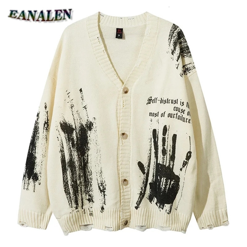 Harajuku retro black velvet hand-painted graffiti knit cardigan mens oversized Gothic rock punk loose cardigan womens cardigan 241125