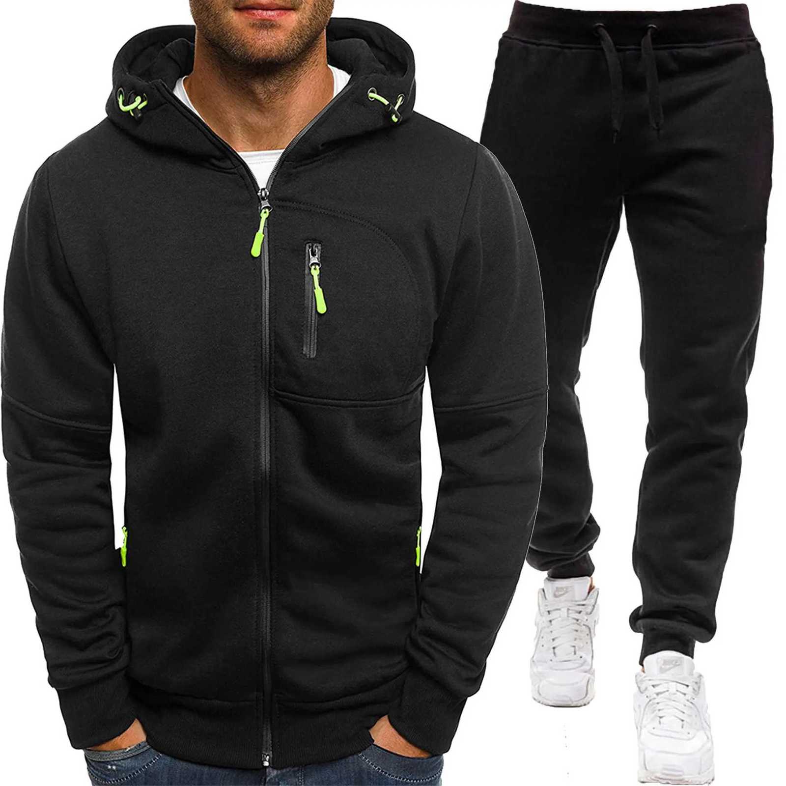 Autumn East Season New Mens Solid Color Sports Casual Zipper Sweatshirt Set Fleece Cardigan Hooded TwoPiece PackXJ250924
