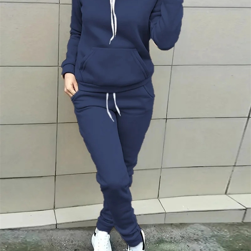 Solid Color Two-piece Suit Casual Long Sleeve Sweatshirt and Drawstring Jogging Pants Suit WOMENS Wear 240828