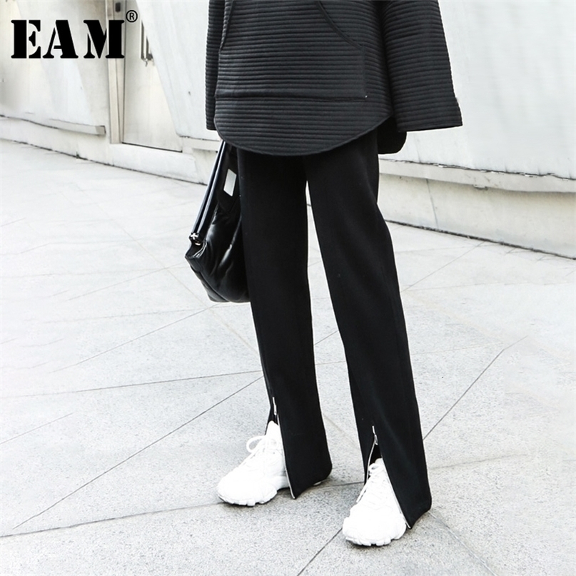 EAM High Elastic Waist Zipper Split Long Wide Leg Trousers New Loose Fit Pant Fashion Spring Autumn 1N334 201012