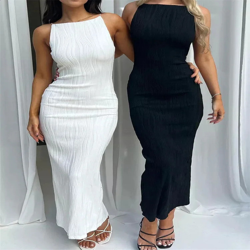 Sexy Women Long Dress Ruched Sleeveless Slim Solid Summer Party Back Split Clubwear Female Outfits 250228