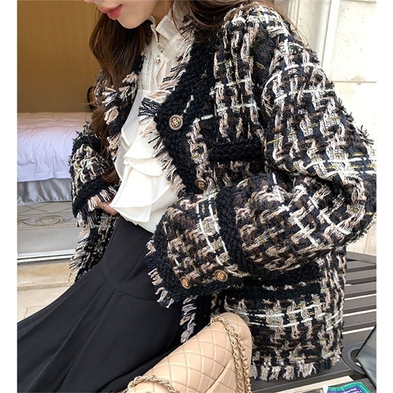 Women's Jackets Jmprs Small Fragrance Jacket Women Vintage Weave Tassels Chic Tweed Coat Long Sleeve Lady Tops Elegant Streetwear Loose Jacket