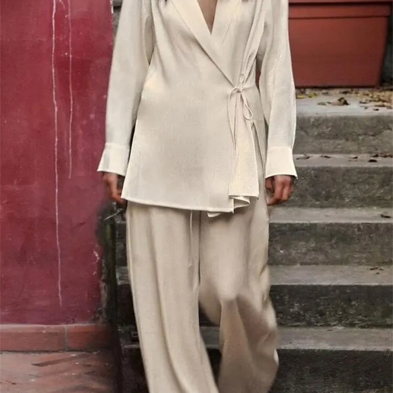 TRAFZA Women Elegant Solid Pajama Style Shirt Pant Suit Long Sleeve Kimono Lace Up Blouse Elastic Waist Trousers Casual Sets 241214