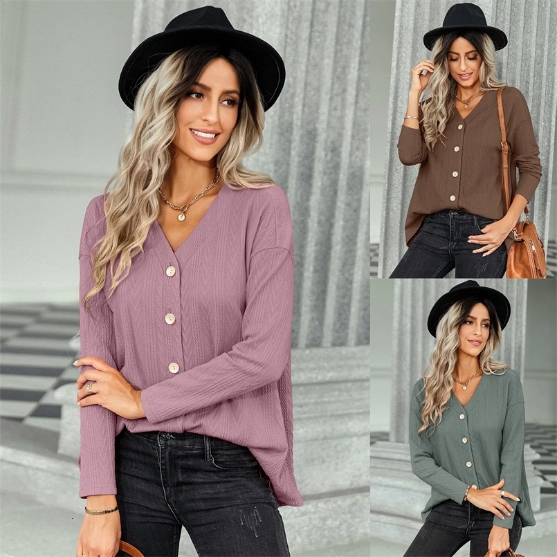 Spring and Autumn Womens Fashion Style Casual Top Solid Color V-neck Versatile Knitted Cardigan Coat 240724