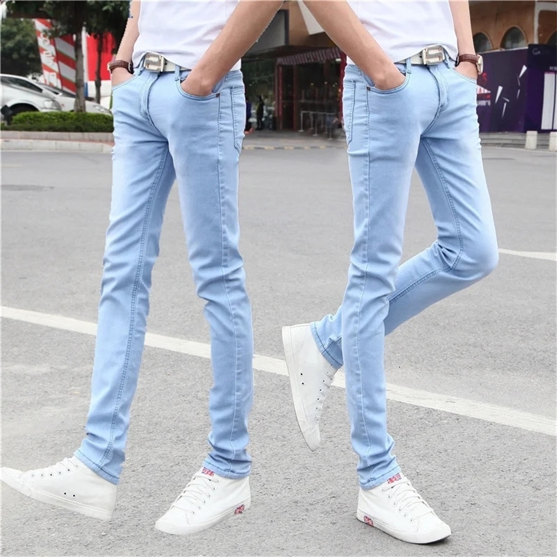 Mens Summer Stretch Straight Jeans Korean Fashion Slim Fit Small Foot Tight Baggy Jeans For Men Elastic Waist Denim Pants 240823