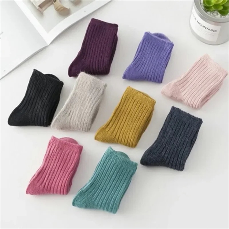 12 pairs/batch of winter childrens thick socks warm wool baby 2-12 years old girl boy solid 241210bj