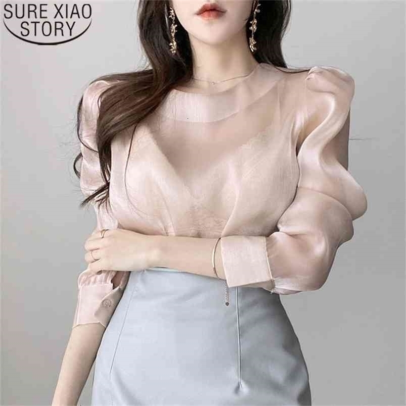 Spring Sexy See Through Blouse Women Tops Temperament Vintage Lantern Long Sleeve O-neck Apricot Clothes Blusas 13617 210506