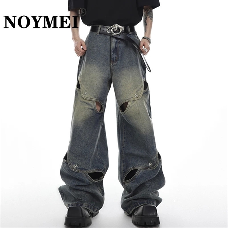 NOYMEI Male Y2k Jeans High Street Patchwork Loose Men Hollow Out Trendy Vintage Metal Button Straight Denim Pant Wide Leg WA1321 231221