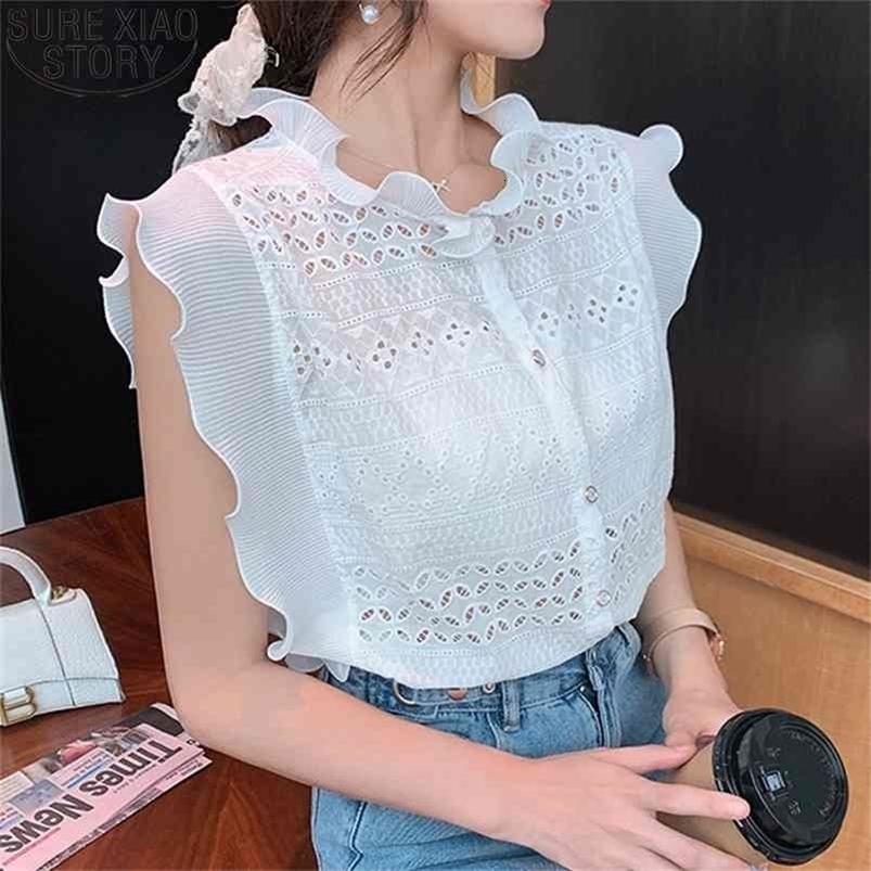 Summer Sleeveless White Lace Shirts Korean Elegant Ruffled Collar Causal Hollow Tops Plus Size Clothing Women Blouses 13918 210506