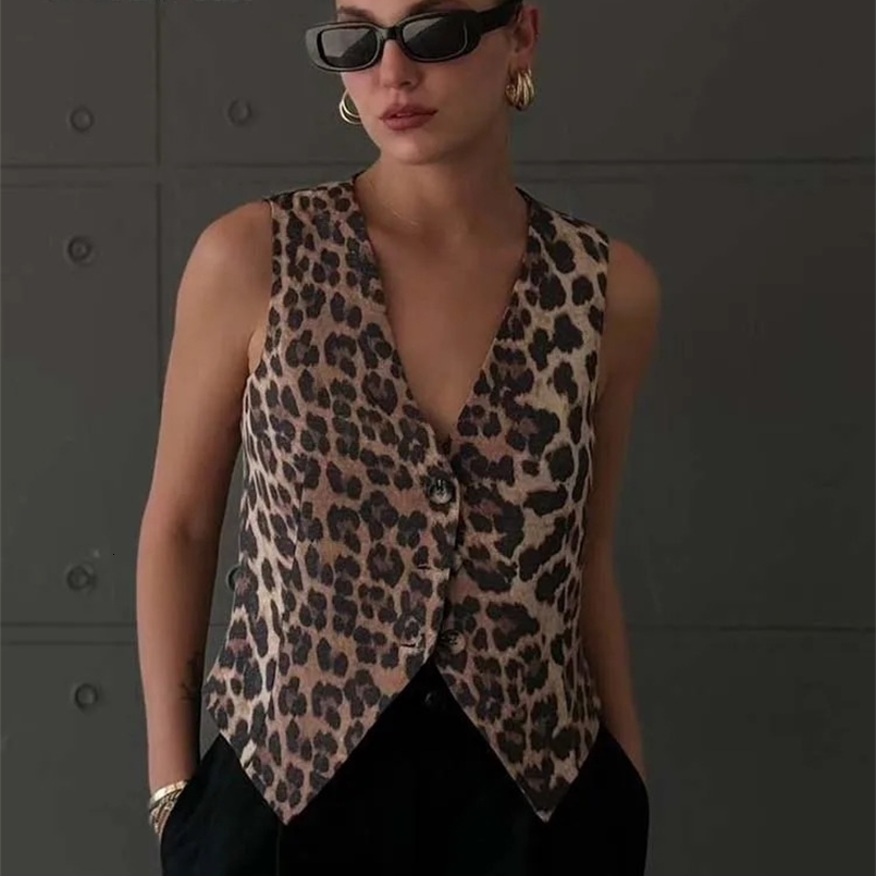 TRAF Womens Vest Fashion Leopard Summer V-Neck Single-breasted Vest Top Ladies Casual Cropped Sleeveless Coat In Vests 240725