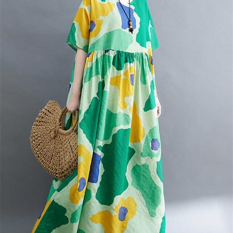 Casual Dresses Ultra fine printed women's summer casual oversized women's loose fitting Korean women's dress cotton retro long dress