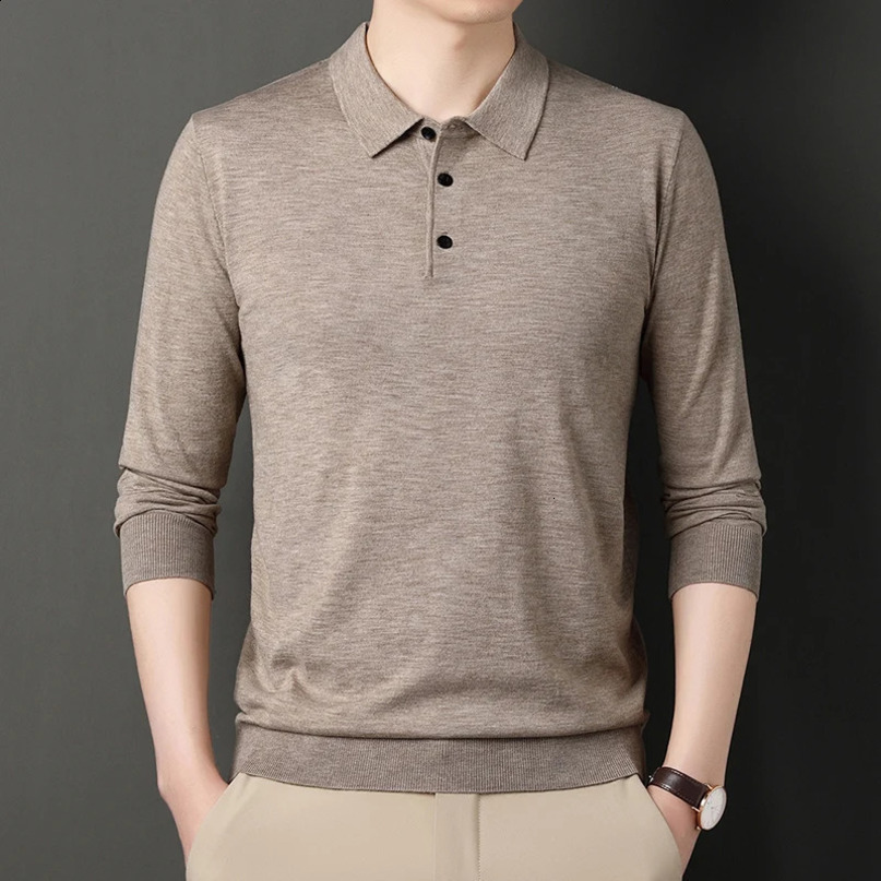 Classic High Quality Mens Autumn Long Sleeve Wool Blended Solid Color Lapel Polo Pullover Sweater Casual Basement Shirt 241122