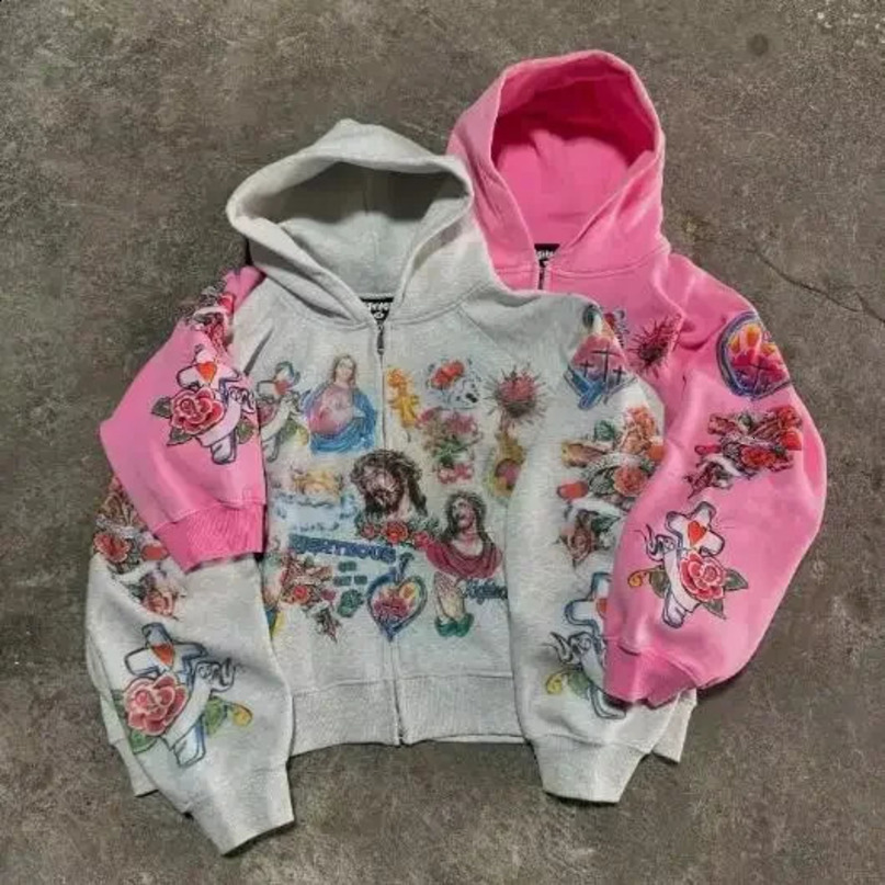 American retro mens and womens couple hooded sweater with skull lazy print long sleeved zipper 240911