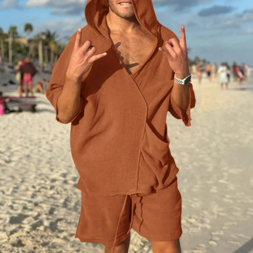 Retro mens casual loose twopiece set of pure cotton linen hooded top and short sleeved summer 240903