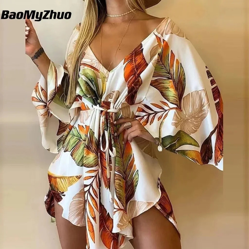 Sexy VNeck Women Mini Dress Casual Leaf Leopard Print Harajuku Batwing Sleeve Lady Elegant LaceUp Irregular Party 240615