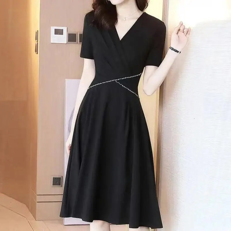 Summer Womens Fashion Trendy Slim Comfortable Solid Color VNeck Patchwork Asymmetrical Sequined Short Sleeve Dress 240615