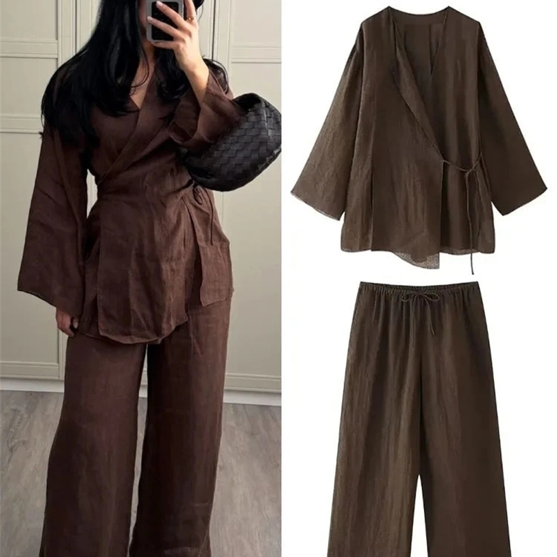 TRAFZA Womens Summer Fashion Linen Solid Color Shirt Set Belted Cardigan Kimono Top High Waist Womens Pleated Pants 2-piece 240927