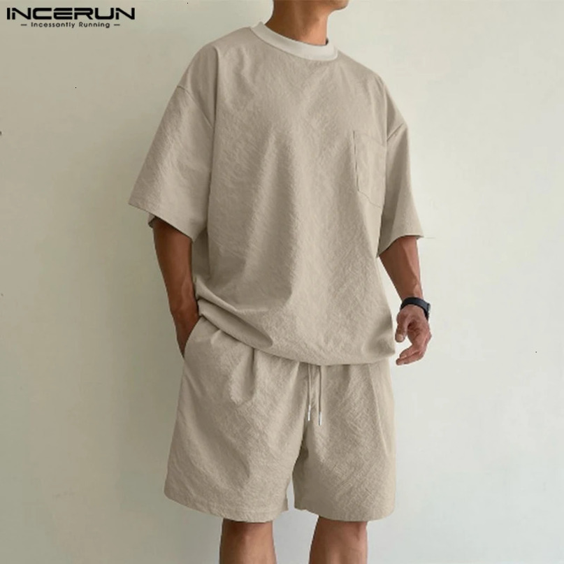 INCERUN Men Sets Solid Color Loose Oneck Short Sleeve T Shirt Drawstring Shorts 2PCS Streetwear Mens Casual Suits S5XL 240409