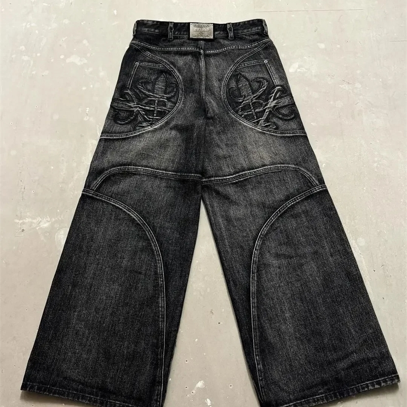 Street washed retro bagged jeans for men gothic hip-hop personality Harajuku fashion black straight pants Y2K wide leg unisex style 241203