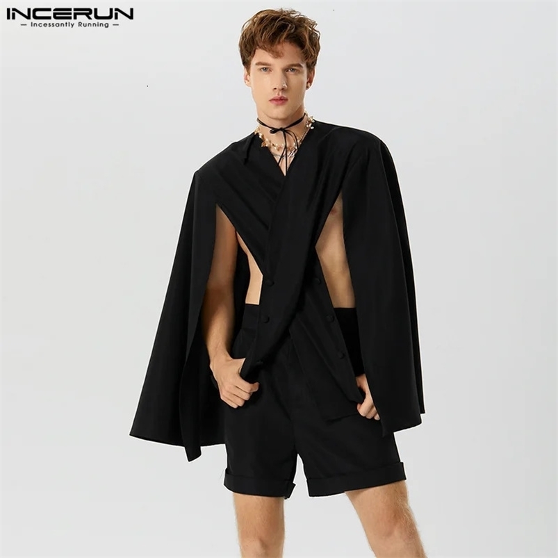 INCERUN Mens Solid Color Street Clothing Long Sleeve Hollow Irregular Cloak and Shorts 2PCS Fashion Mens Casual Set S-5XL 250318