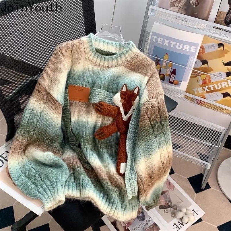 Oversized Sweater Women Clothing Cartoon O-neck Striped Jumper Fashion Korean Sueter Mujer Casual Knitted Pullovers Y2k Tops 240731