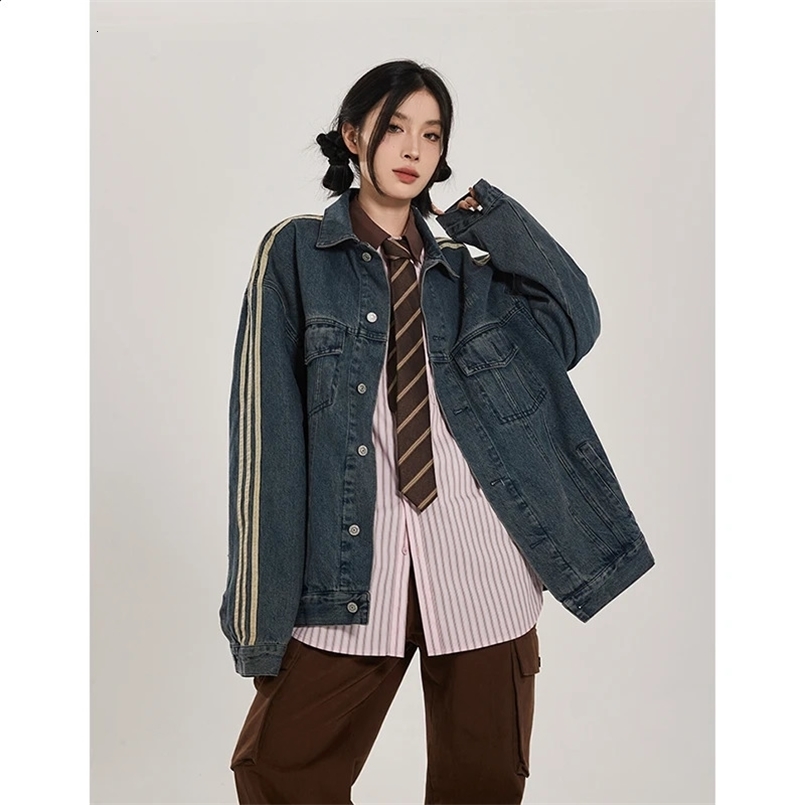 Spring Korean Casual Style Baggy Blue Stripes Denim Jacket Womens Fashion Streetwear Style Oversized Y2K Loose Jean Coat 240726