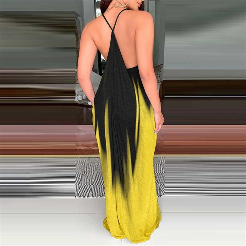 Summer Women Sleeveless Elegant Fashion Party Dresses Colorblock Spaghetti Strap Loose Fit Maxi Dress 210716