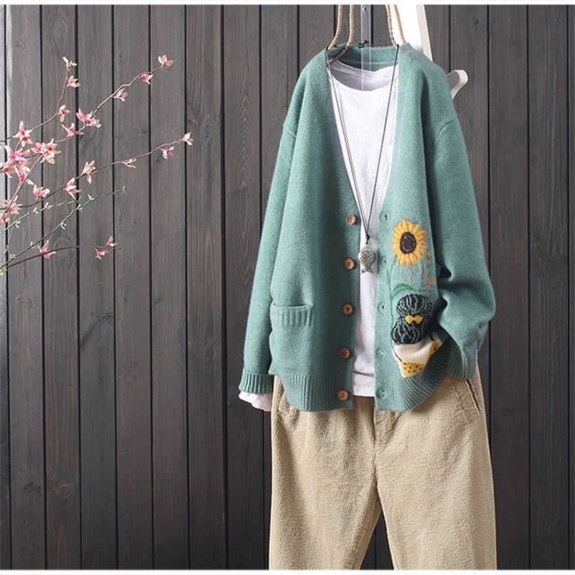 autumn new sweater coat women's long-sleeved literary jacquard women's wild loose V-neck cardigan sweaters 201031