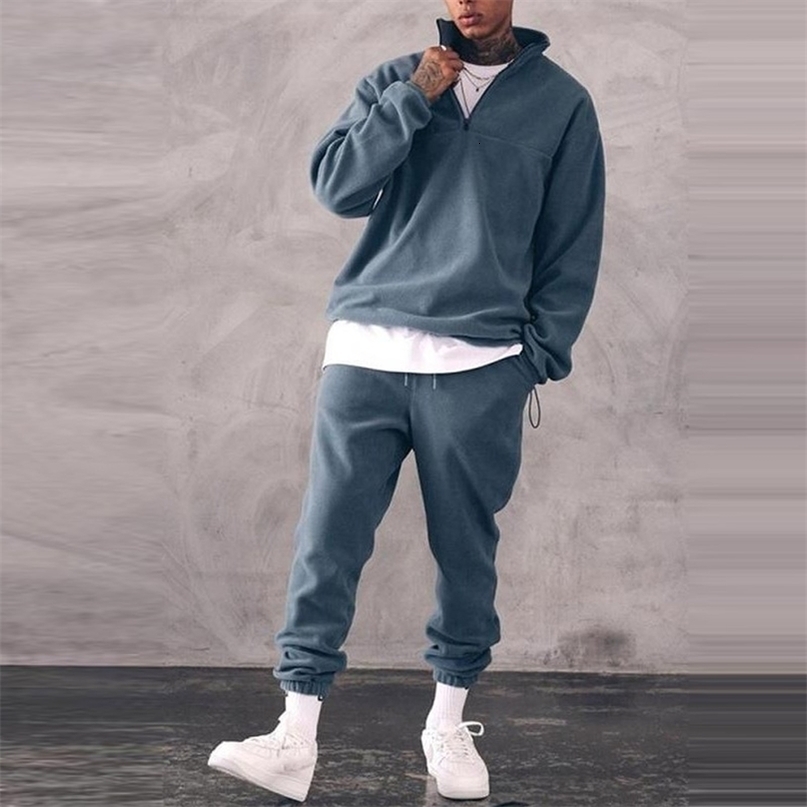 Sweatshirts Set Men Winter Warm Fashion Men's Jogger Tracksuit Solid Stand Collar Sweatshirt Casual 2 Pieces Sports Suits 211109