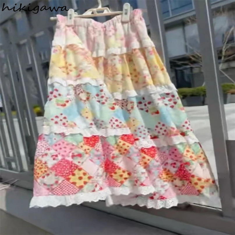 Vintage Skirt for Women High Waist Print Aline Jupe Patchwork Lace Summer Saia Faldas Mujer De Moda Korean Loose Skirts 240516