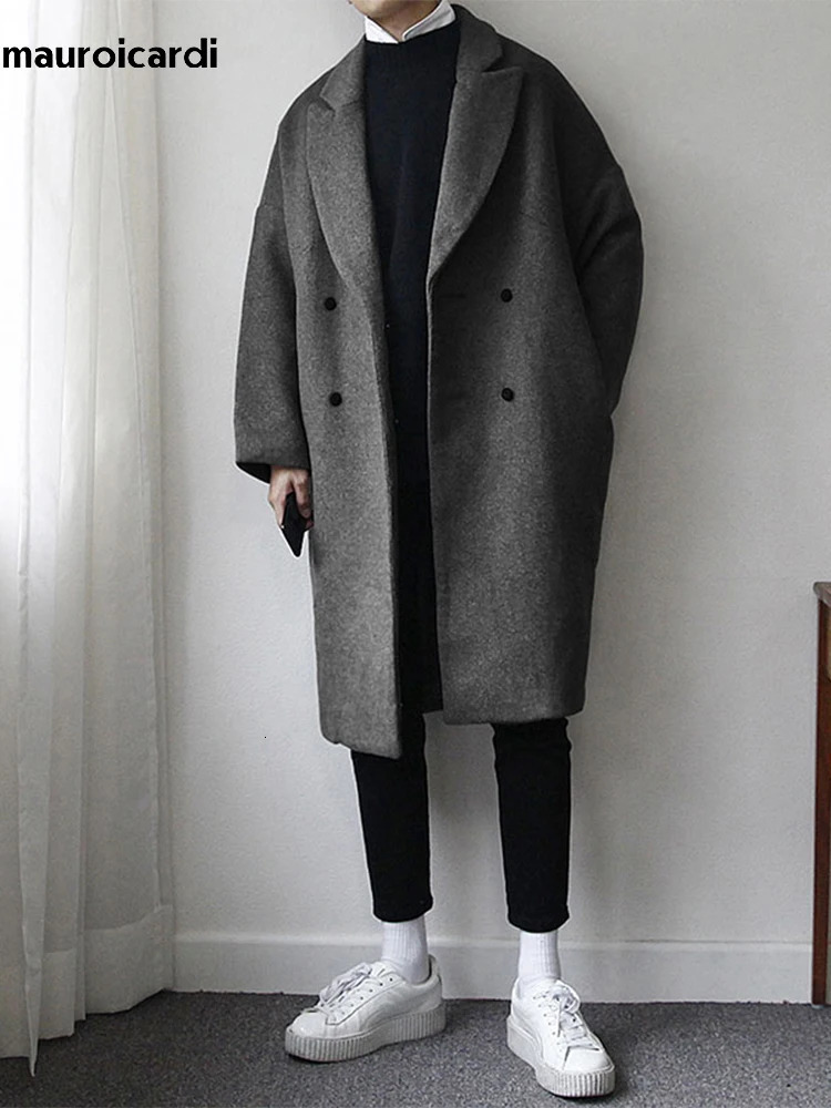 Mauroicardi Autumn Winter Loose Casual Grey Black Soft Warm Woolen Coat Men Lapel Double Breasted Korean Fashion 250805