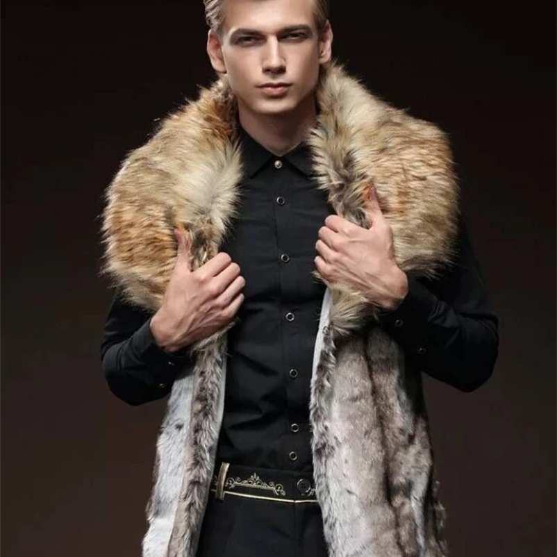 Mens artificial fur vest ultra-thin fit with a large fur collar and short waist mens jacket brown leather jacket winter warm jacket 240927