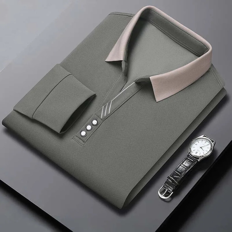 Autumn Mens Longsleeved Polo Shirt Business Casual Slim Elastic Top Fashion Scissor Collar Solid Color 240401