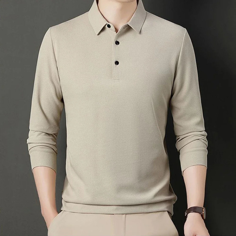 waffle mens high-end long sleeved T-shirt for spring and summer lightweight and luxurious business casual polo shirt 241015