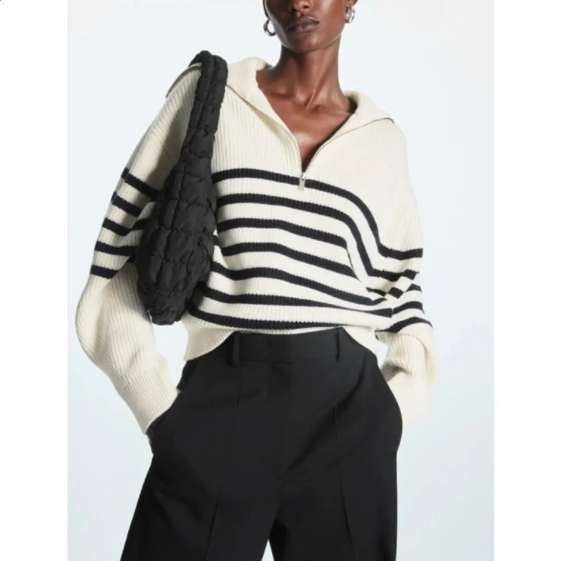 Womens Turtleneck Loose Lapel Striped Knitwear Women Pulovers Simplicity Half Zipper Casual Fashion Sweaters 240713