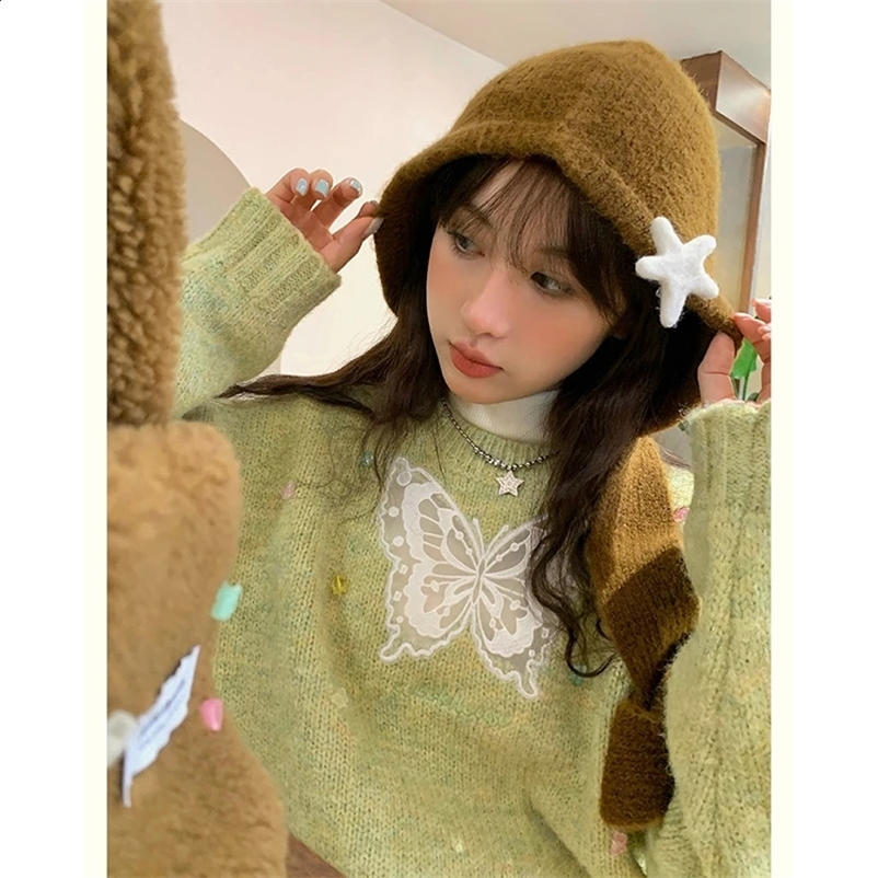Women's Sweaters Sweet Sweater Bow Print Autumn Winter Kawaii Simple O-Neck Pullover Casual Thick Warm Cozy Green Butterflies itwear Jumper 231