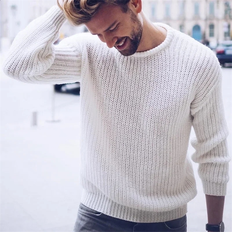 Autumn and Winter Mens Pullover Casual Solid Color Gray Black White Knitted Top Sweater 240725