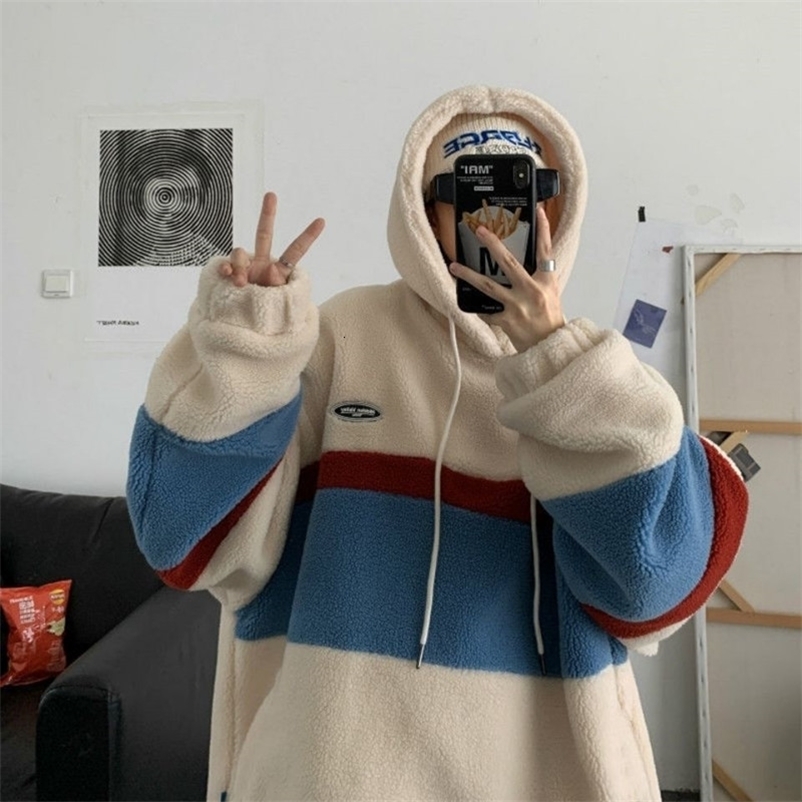 Men's Hoodies Sweatshirts Japan Korea Style Fashion Fleece Hoodies Men Patchwork Stripe Hooded Sweatshirts Male Loose Coats Student Casual Tops