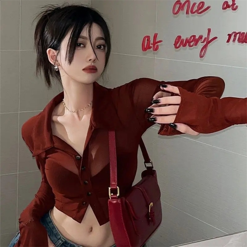 See Through Shirts Women Sexy Vintage Y2k Crop Tops Streetwear Harajuku Slim Long Sleeve Single-breasted Blouse Black Wine 240731