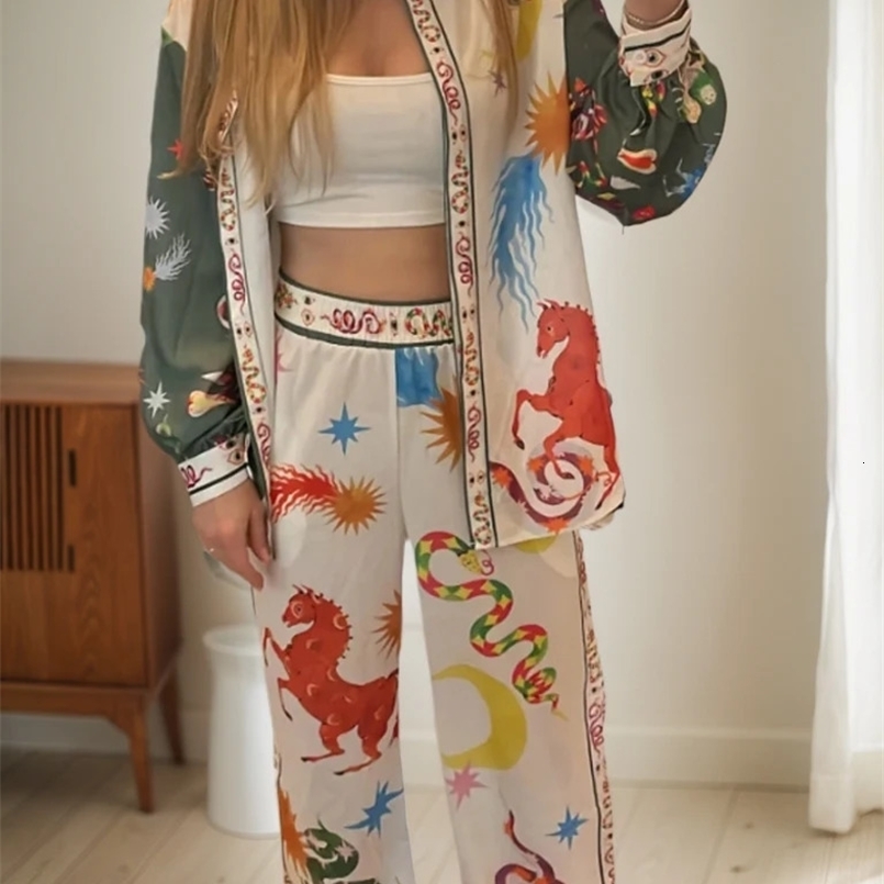 Vacation Loose Printed 2 Pieces Pants Set Women Lapel Long Sleeve Blouse Wide Leg Pants Suit Summer Beach Holiday Outfits 240731