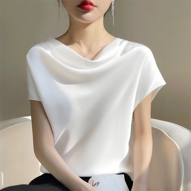 Silk Womens T-Shirts Summer Crew Neck Short Sleeve Tees Casual Solid Color Bottom T-Shirt Loose Female Tops Pullover Clothe 5XL 240814
