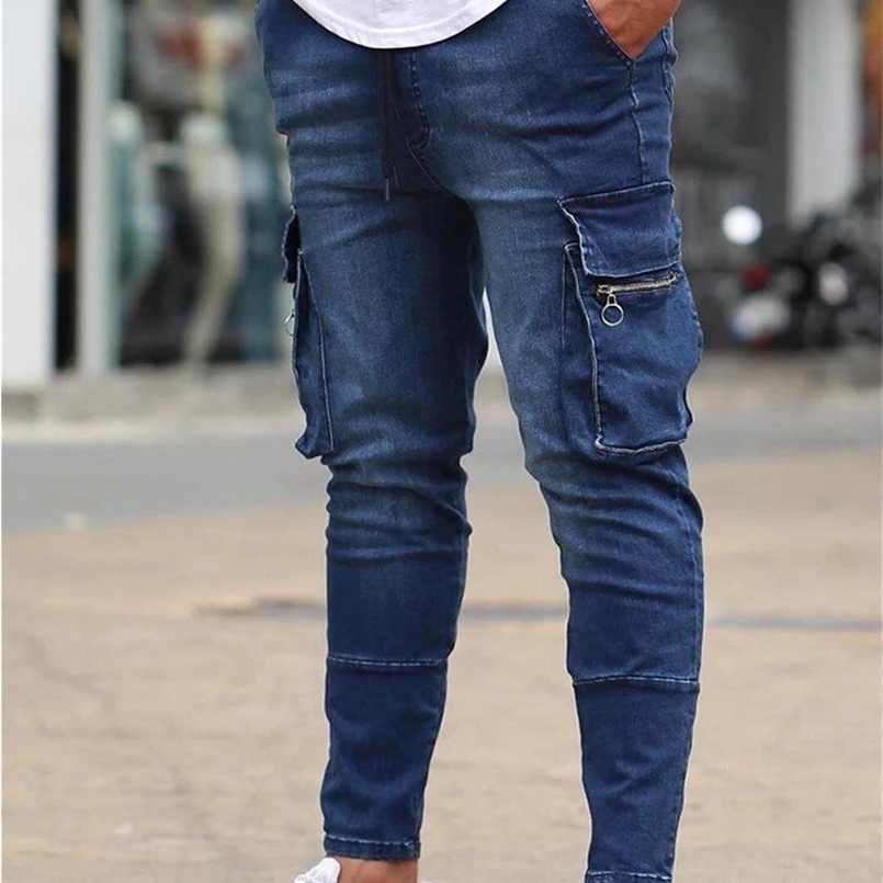 Mens Slim Fit Stretch Jeans Casual Fashion Multi Pocket Cargo Denim Pants High Street Mens Jeans Work Hip Hop Trousers 240823