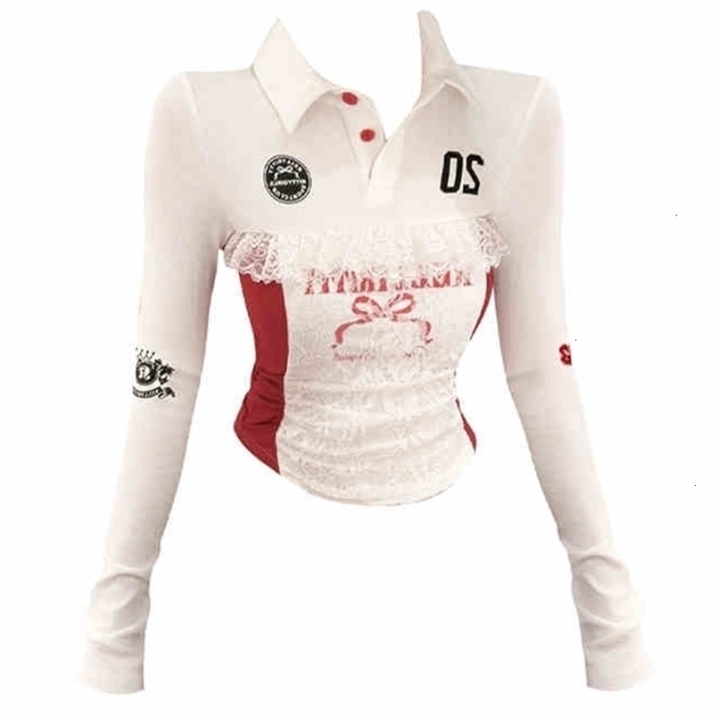 Spring Women American College Gyaru Kpop Polo Collar Crop Top 2000s Aesthetic T-Shirt Long Sleeve Y2k Tee Shoujo Korean Coquette 250420