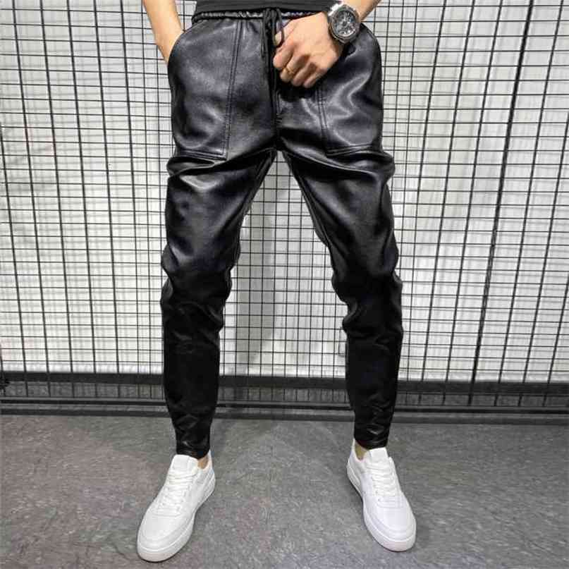 Arrivals Winter Thick Warm PU Leather Pants Men Clothes Simple Big Pocket Windproof Casual Trousers Black Plus Size 40 210723