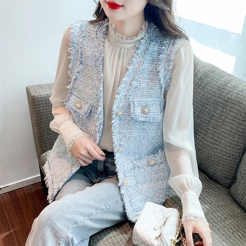 Korean Chic Summer V-neck Tassel Waistcoat Women Loose Single Breasted Tweed Vest Jacket Female Elegant French Casual Tops 240704